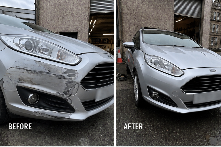 Front bumper respray on a Ford Fiesta, before and after