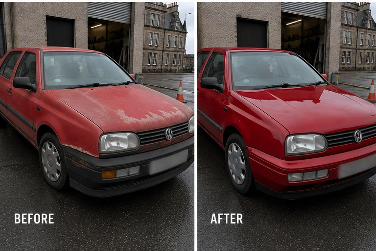 Full vehicle respray on a Volkswagen Golf, before and after